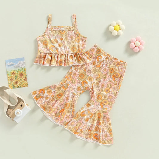 Girls 2Pcs Summer Outfits Flower Print Ruffled Camisole Elastic Flared Pant