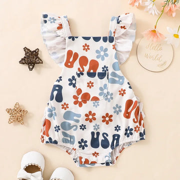 Infant Baby Girls Independence Day Bodysuit Flying Sleeve Letter Floral Playsuit Wiht Pocket