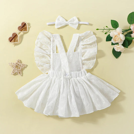 Baby Girl 2Pcs Summer Outfits Ruffle Sleeve Backless Eyelet Bodysuit Dress with Headband