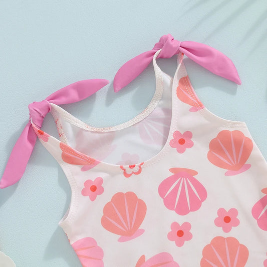 Sleeveless Flower Shells Print Frill Trim Baby Summer Swimwear