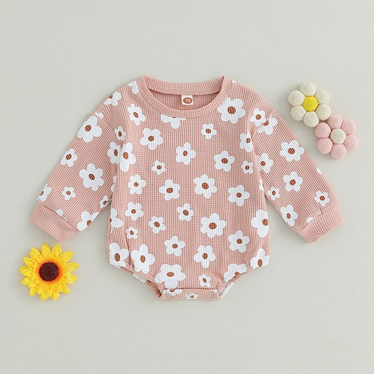 Girls Waffle Knit Bodysuit Floral Print Long Sleeve Jumpsuits for Newborn Cute Clothes