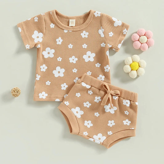 Baby Girl 2Pcs Summer Outfits Short Sleeve Waffle Knit Floral Shorts Set