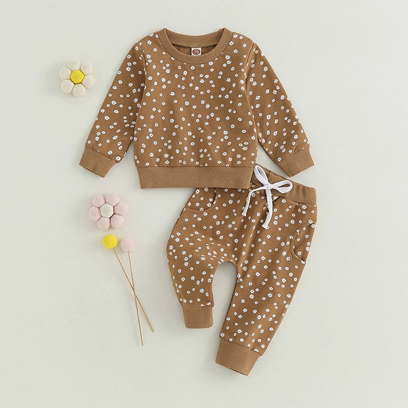 Baby Girls Fall Outfit Flower Print Long Sleeve Crew Neck Sweatshirt Sweatpants Fall Clothes