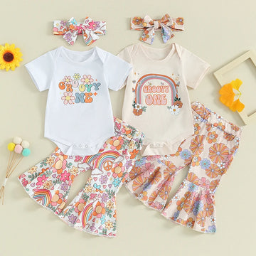 Baby Girl Outfits Short Sleeve Rainbow Romper Floral Flare Pants Headband Clothes Set