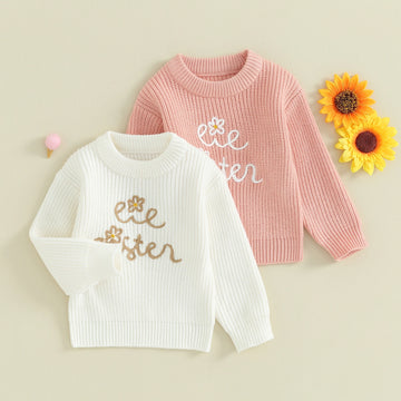 Girls Letter Embroidery Knitted Loose Long Sleeve Sweater
