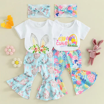 Baby Girl Easter Outfit Letter Bunny Print Short Sleeve Romper Flared Pants