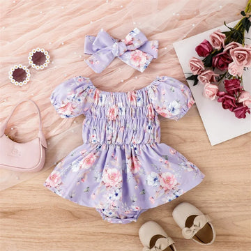 Girls 2PCS Outfit Sets Short Sleeve Tutu Floral Bodysuit with Bow Headband