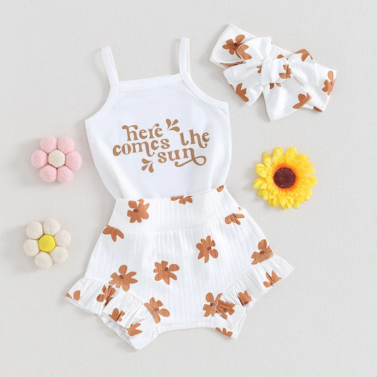 Baby Girls Clothes Set 3pcs Sleeveless Letters Floral Print Romper with Shorts and Headband