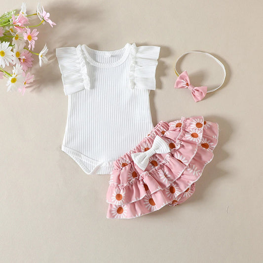 Baby Girls 3Pcs Summer Outfit Sets Ruffle Sleeve Ribbed Romper with Floral Bottoms