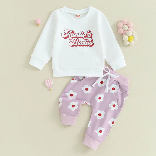 Mama’s Bestie/Auntie’s Bestie Toddler Kid Girls Clothes Sets Long Sleeve Letter Print Sweatshirt Floral Pants Sets